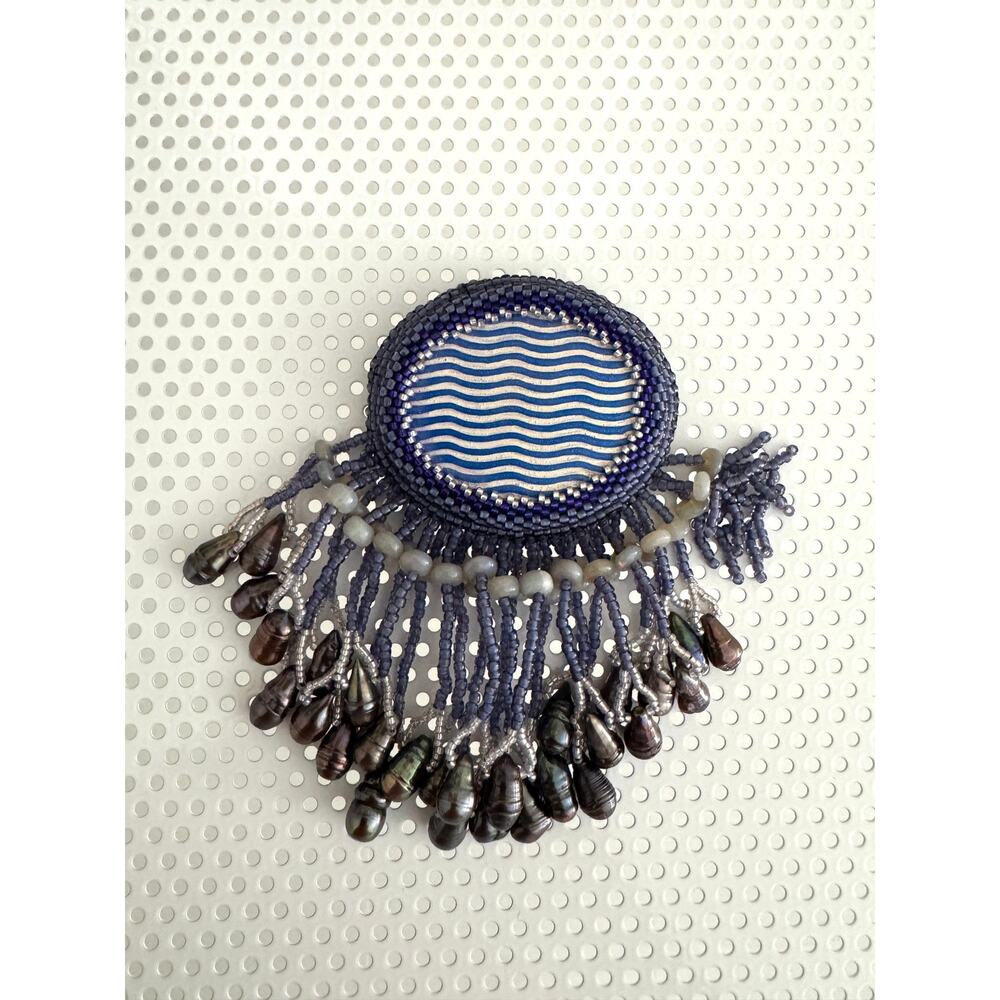 Brooch Blue Beaded Boho Handmade Glass Beads with Fringe
